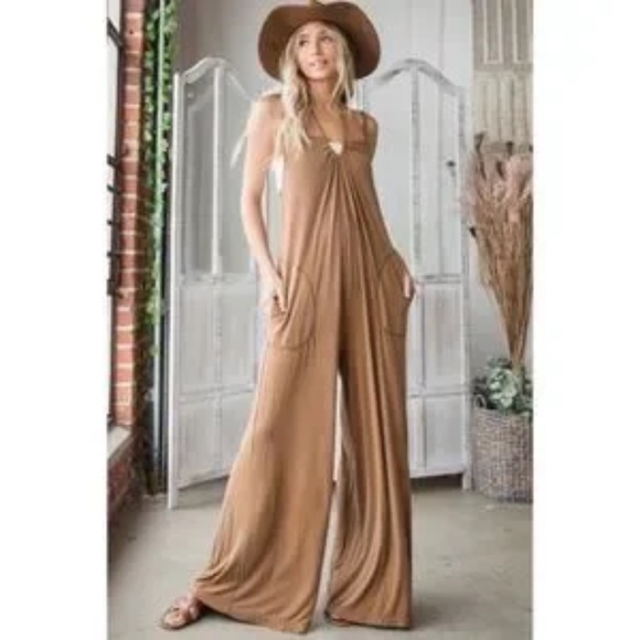 SOLD OUT Camel Bohemian Solid Convertible Oversized Wide Leg Casual Jumpsuit - Picture 3 of 5